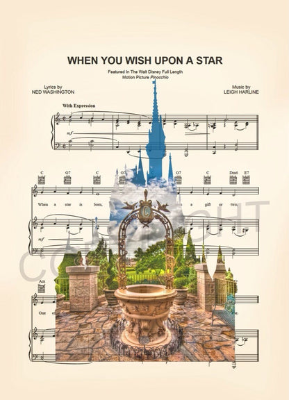 Walt Disney World Cinderella's Wishing Well When You Wish Upon A Star Sheet Music Art Print