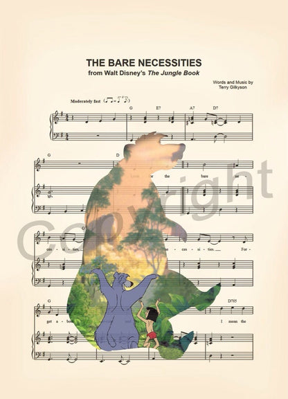 The Jungle Book Baloo and Mowgli  Bare Necessities Sheet Music Wall Art — Disney Gift for Music Lovers