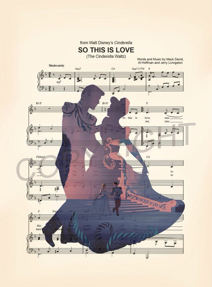 Cinderella and Prince Charming  So This Is Love Sheet Music Wall Art — Disney Gift for Music Lovers