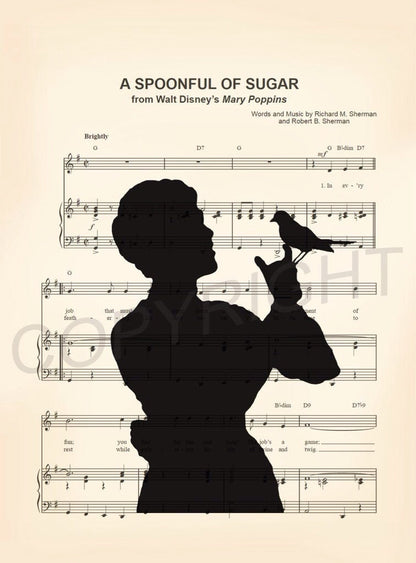 Mary Poppins and Bird Silhouette Spoonful of Sugar Sheet Music Art Print