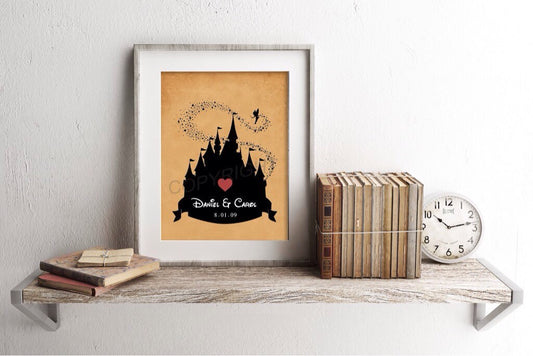 Custom Wedding Disney Castle Silhouette Name and Date Art Print