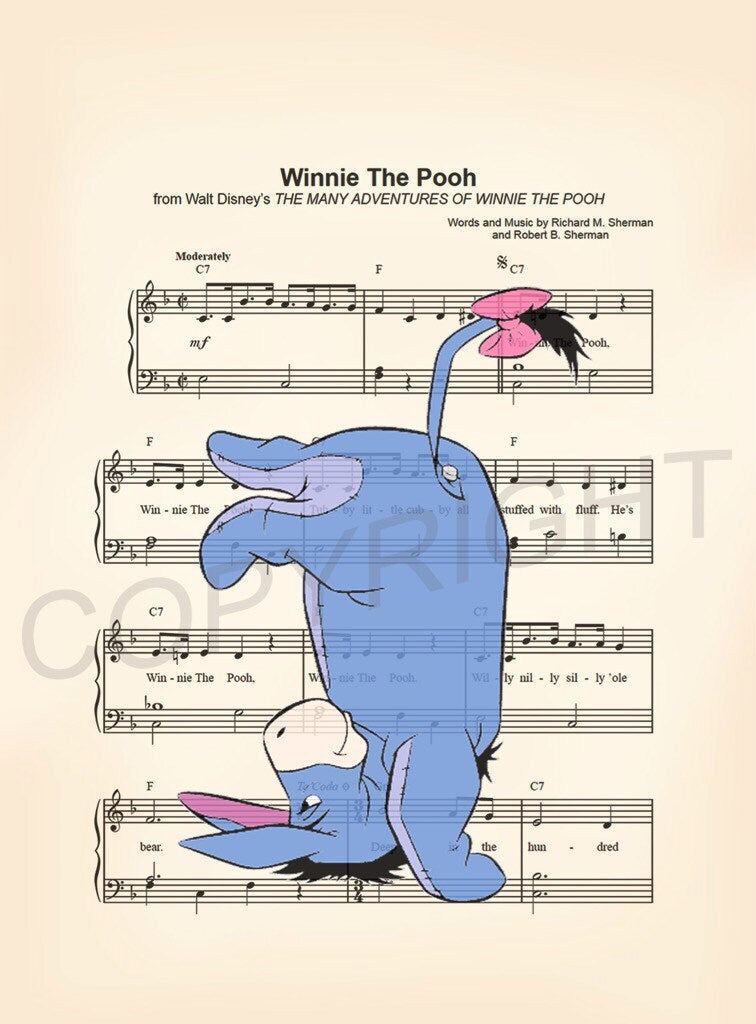 Eeyore Upside Down Winnie the Pooh Sheet Music Wall Art — Disney Gift for Music Lovers