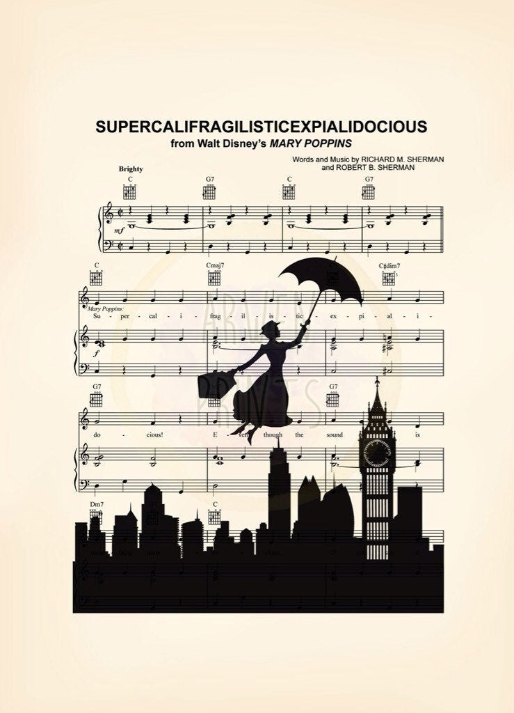 Mary Poppins Supercalifragilisticexpialidocious Disney Valentine’s Day Gift Silhouette Sheet Music Art Print
