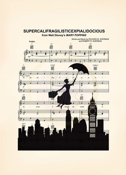 Mary Poppins Supercalifragilisticexpialidocious Disney Valentine’s Day Gift Silhouette Sheet Music Art Print