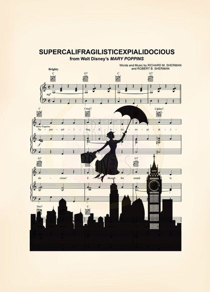 Mary Poppins Supercalifragilisticexpialidocious Disney Valentine’s Day Gift Sheet Music Wall Art — Disney Gift for Music Lovers