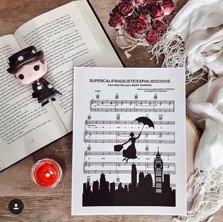 Mary Poppins Supercalifragilisticexpialidocious Disney Valentine’s Day Gift Silhouette Sheet Music Art Print