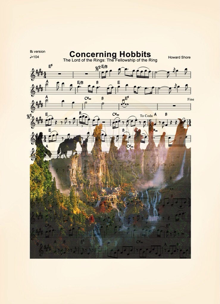 Lord of the Rings Rivendell Concerning Hobbits Silhouette Sheet Music Art Print