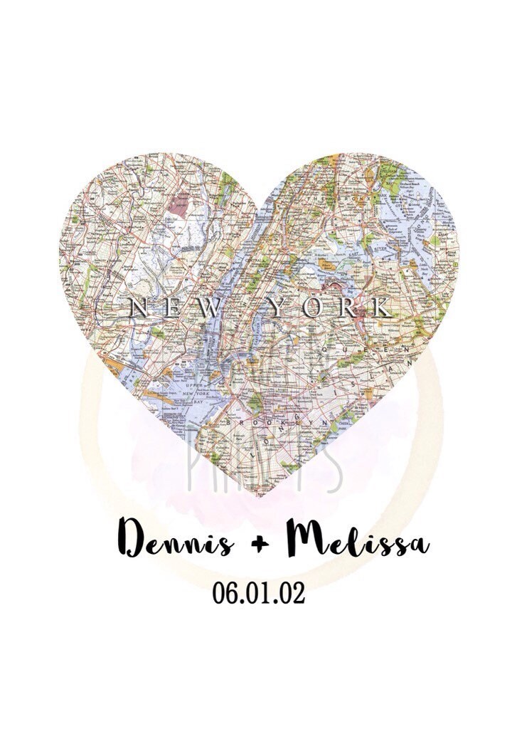 United States Map Heart Couple Names and Date Wedding Art Print