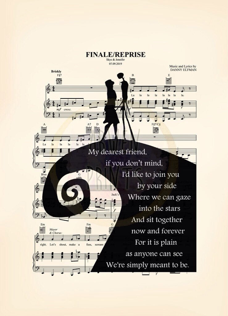 Nightmare Before Christmas Simply Meant To Be Custom Wedding Names and Date Canvas Sheet Music Art Print