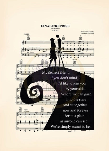 Nightmare Before Christmas Simply Meant To Be Custom Wedding Names and Date Canvas Sheet Music Art Print