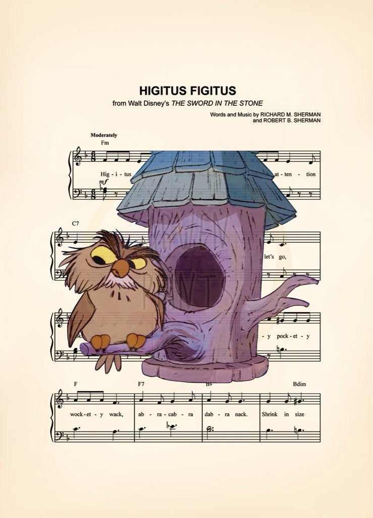 Sword in the Stone Archimedes Higitus Figitus Sheet Music Wall Art — Disney Gift for Music Lovers