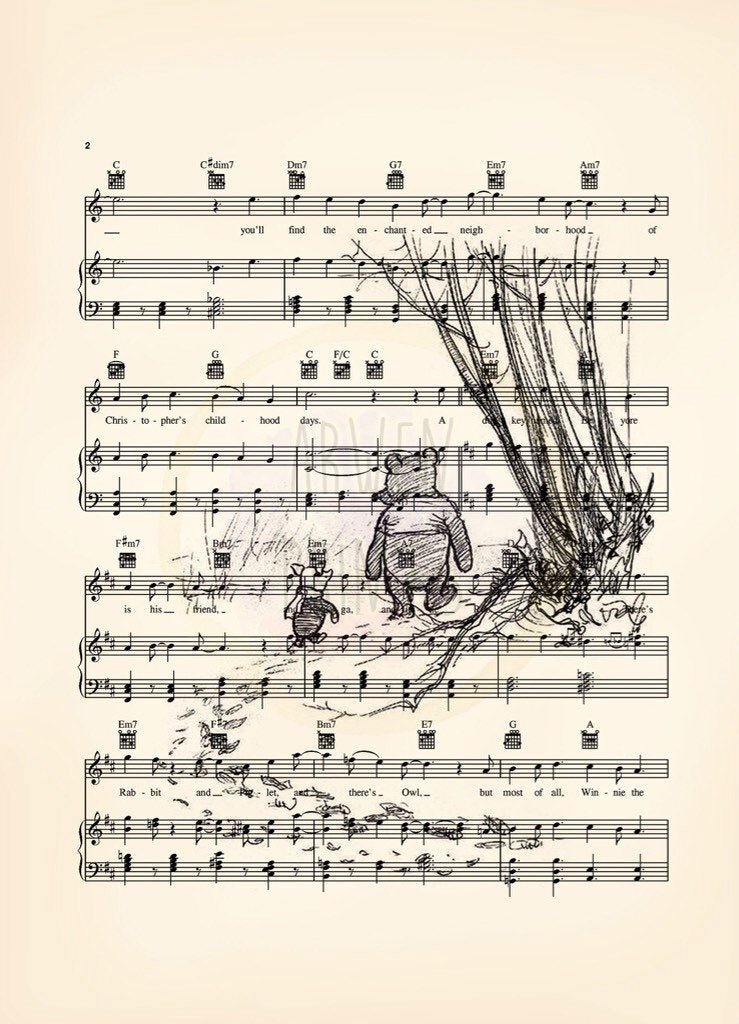 Winnie the Pooh Original Artwork  Set Sheet Music Wall Art — Disney Gift for Music Lovers