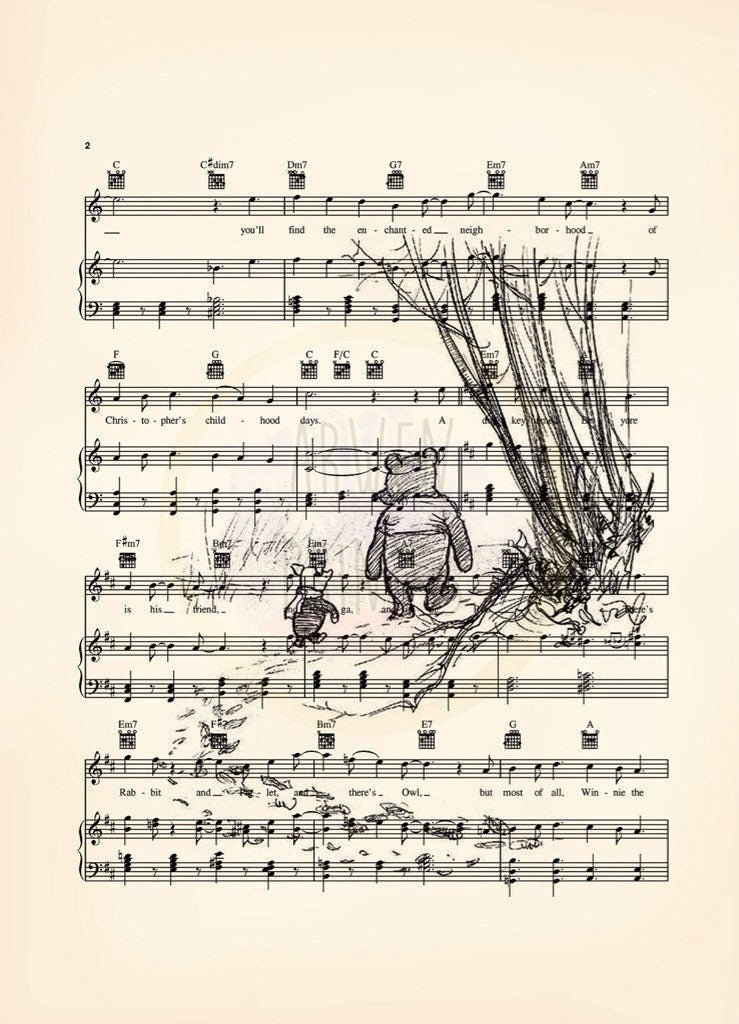 Winnie the Pooh Original Artwork Four Print Set Sheet Music Art Prints
