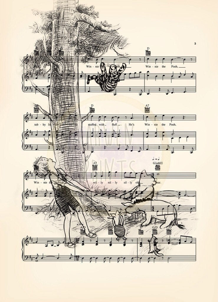 Winnie the Pooh Original Artwork  Set Sheet Music Wall Art — Disney Gift for Music Lovers