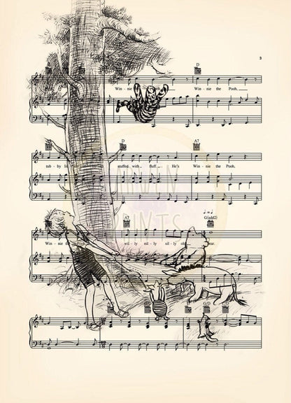 Winnie the Pooh Original Artwork  Set Sheet Music Wall Art — Disney Gift for Music Lovers