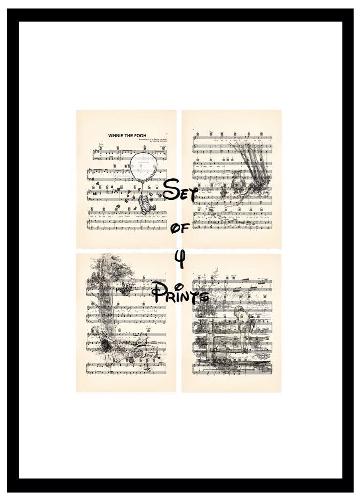Winnie the Pooh Original Artwork Four Print Set Sheet Music Art Prints