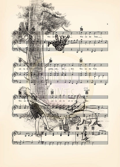 Winnie the Pooh Original Artwork Four Print Set Sheet Music Art Prints
