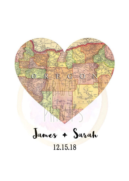 United States Map Heart Couple Names and Date Wedding Art Print