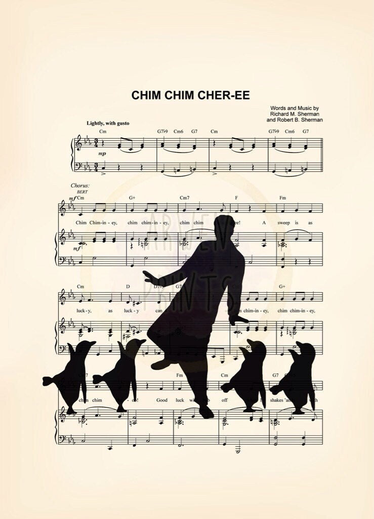 Mary Poppins Bert Dancing with Penguins Chim Chim Cher-ee Sheet Music Art Print