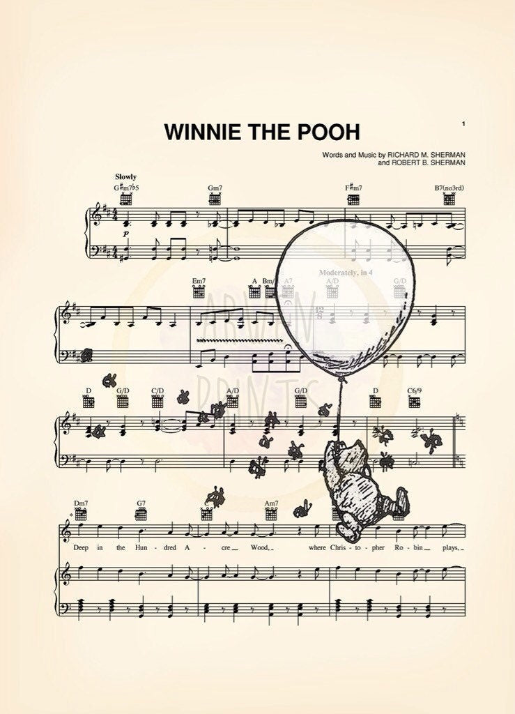 Winnie the Pooh Original Artwork  Set Sheet Music Wall Art — Disney Gift for Music Lovers