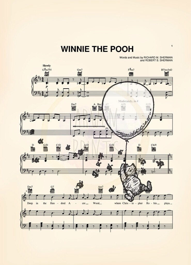 Winnie the Pooh Original Artwork Four Print Set Sheet Music Art Prints