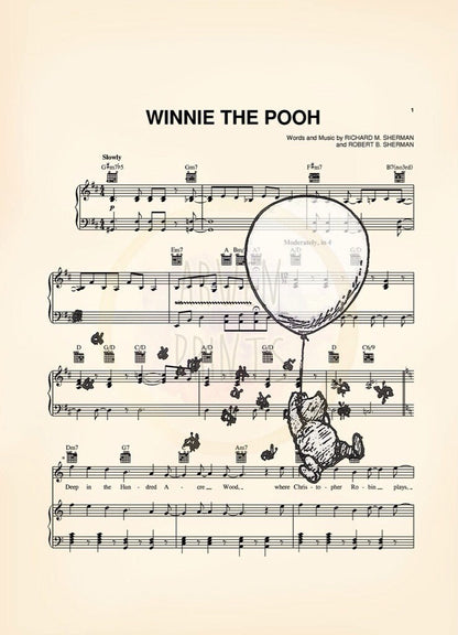 Winnie the Pooh Original Artwork Four Print Set Sheet Music Art Prints