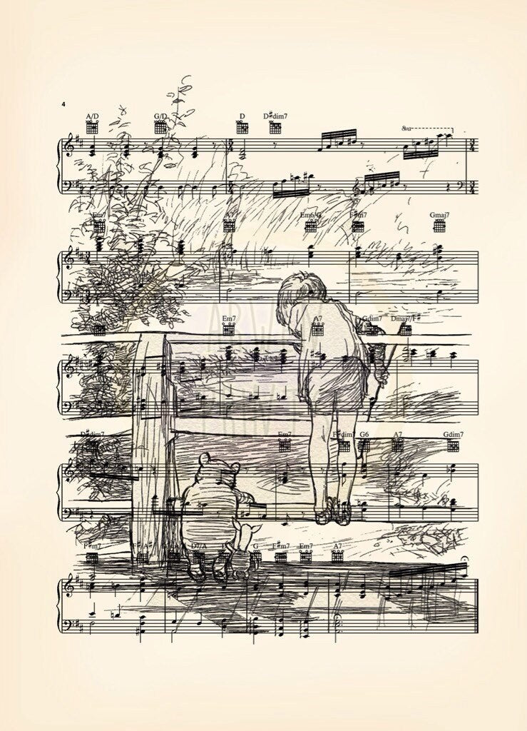 Winnie the Pooh Original Artwork Four Print Set Sheet Music Art Prints