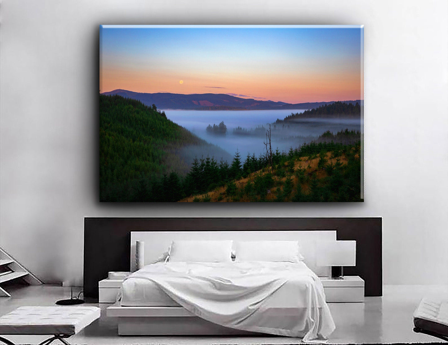 Foggy Vally Moon Moutain Nature Mountain Fog Canvas Art