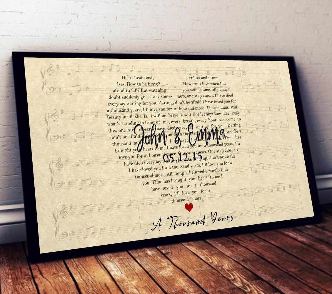 Custom Wedding Names and Date Heart Sheet Music Lyrics Art Print