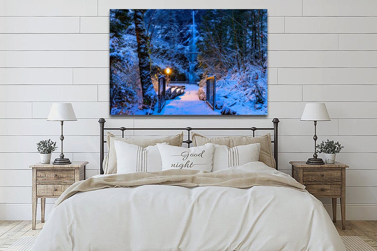 Christmas Nature Art, Multnoma Waterfalls, Winter Wonderland Oregon Snowy Trees Canvas Wall Art