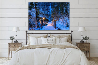 Christmas Nature Art, Multnoma Waterfalls, Winter Wonderland Oregon Snowy Trees Canvas Wall Art