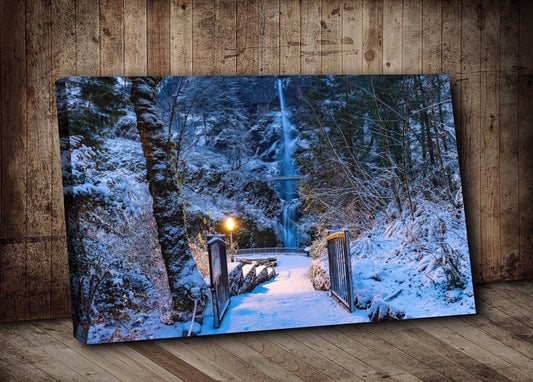 Christmas Nature Art, Multnoma Waterfalls, Winter Wonderland Oregon Snowy Trees Canvas Wall Art