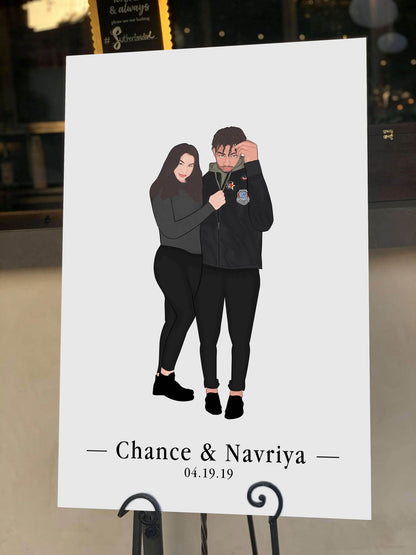 Custom Couple Illustration Canvas, Personalized One Of A Kind Couple Wall Art, Anniversary Portrait Decor