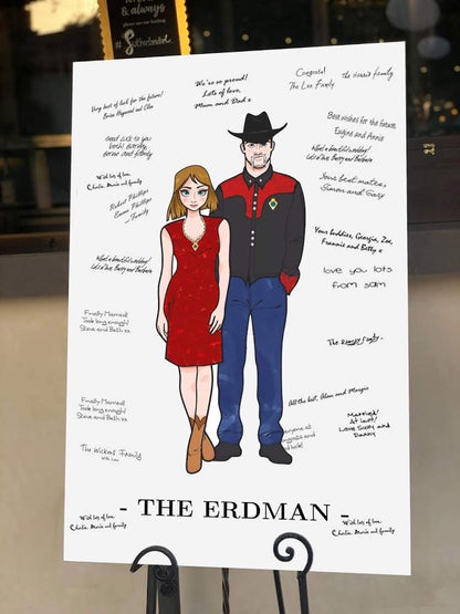 Country Cowboy Cowgirl Disney Couple Wedding Guestbook Art Canvas Print