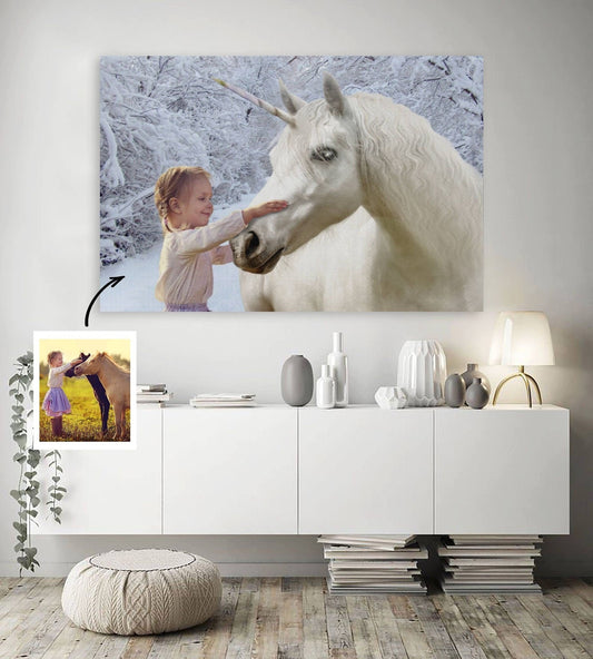 Child with Unicorn, Magical Creature, Birthday Decor, Canvas Art