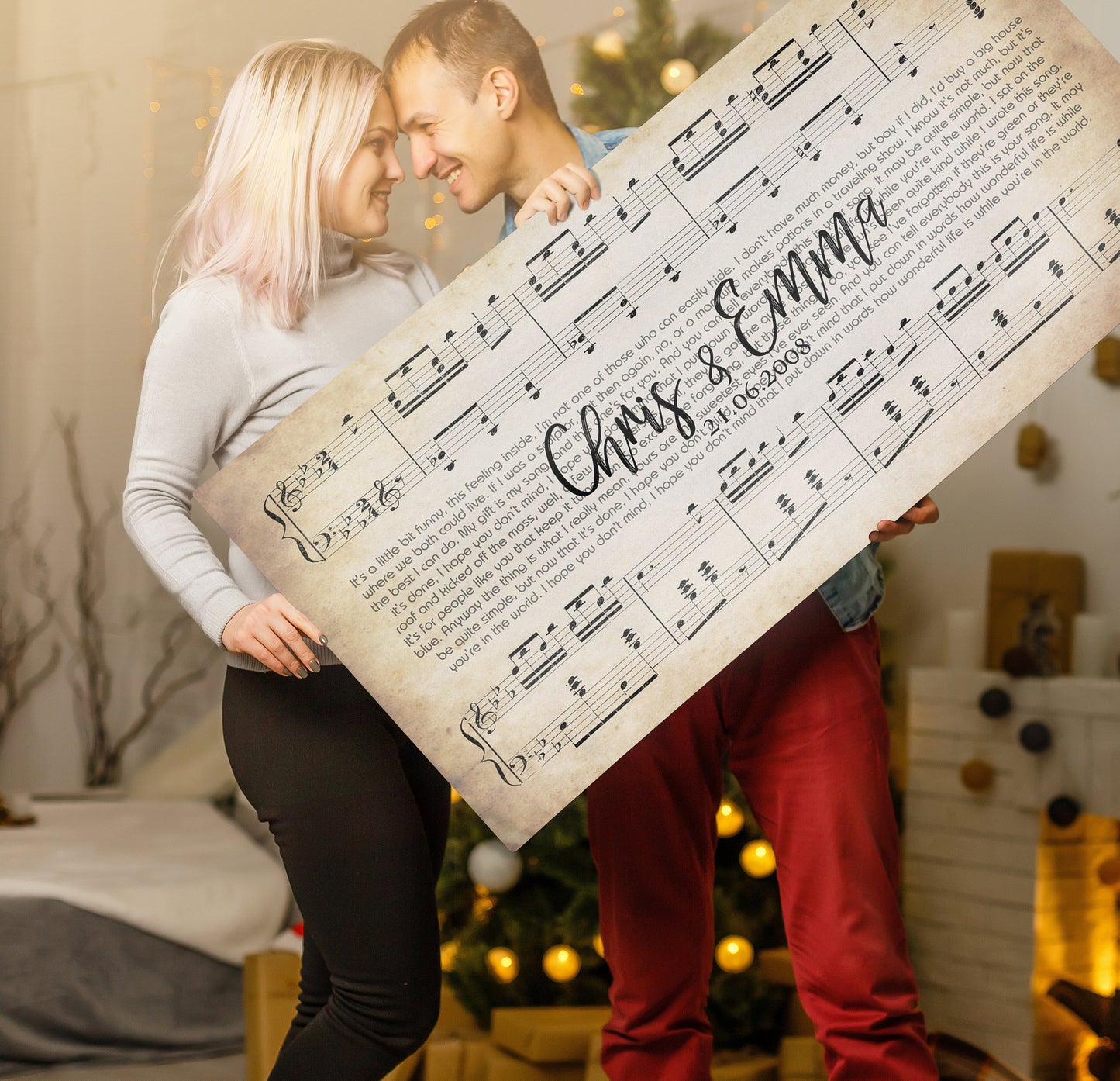 Custom Sheet Music Couple Canvas, Personalized Names And Date Wall Art, Valentine Anniversary Lyric Decor