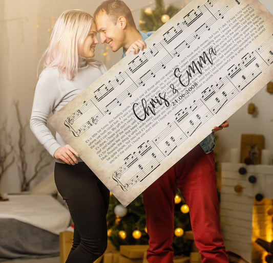Valentines Day Gift, Anniversary Gift, Couple Names and Date, Sheet Lyric Music Canvas Art