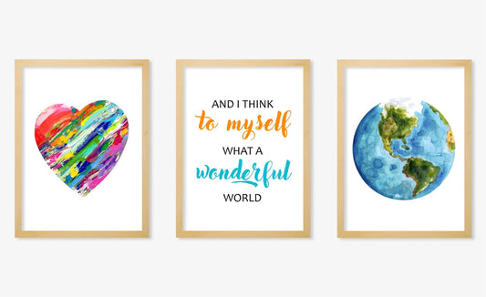 What A Wonderful World, Nursery Art Set, Nursery Decor, Watercolor Prints or Canvas