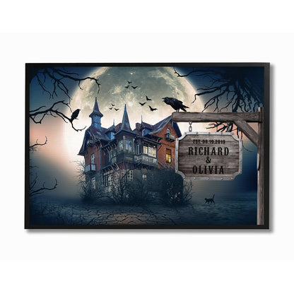 Halloween Custom Haunted House, Couple Names and Date Sign, Canvas Art Print