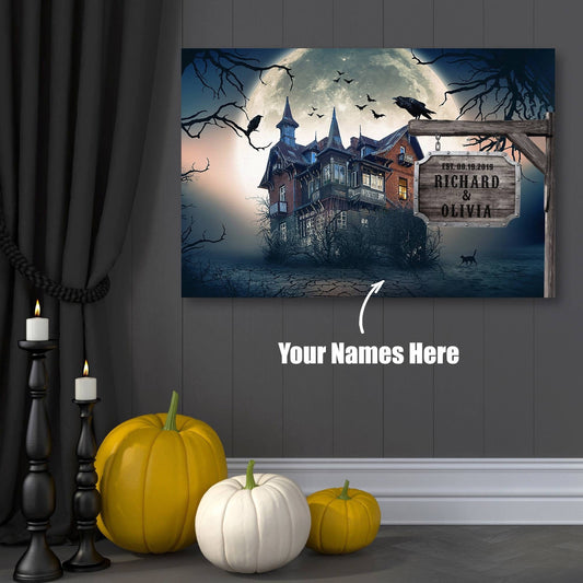 Halloween Custom Haunted House, Couple Names and Date Sign, Canvas Art Print