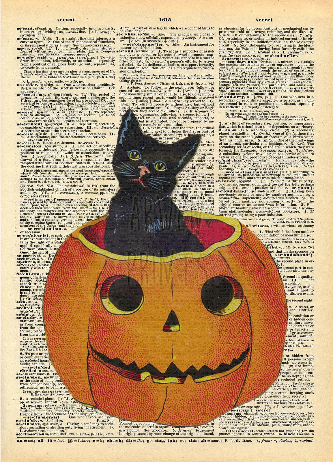 Halloween Cat in Pumpkin Dictionary Art Print
