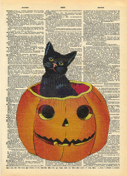 Halloween Cat in Pumpkin Dictionary Art Print