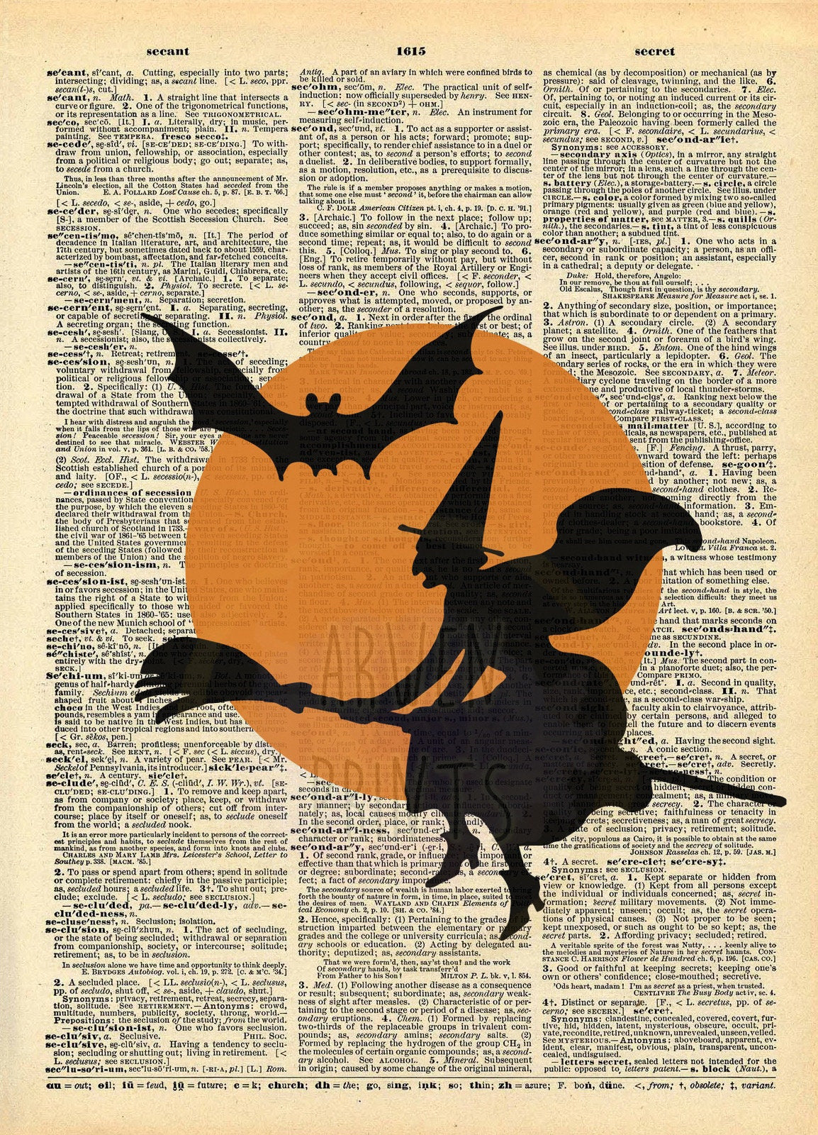 Witch Vintage Halloween Bat Moon Dictionary Art Print
