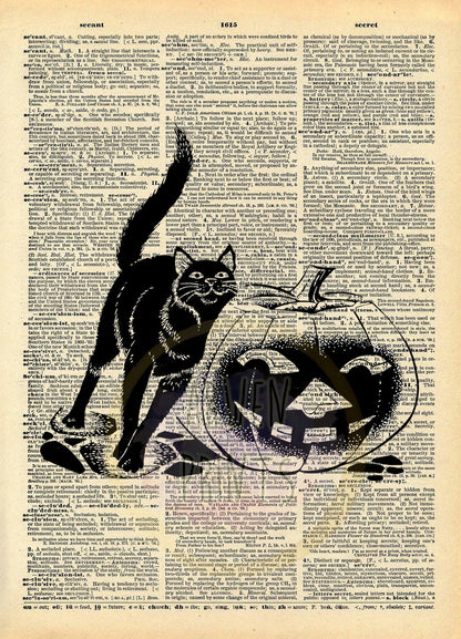 Halloween Cat and Pumpkin Dictionary Art Print