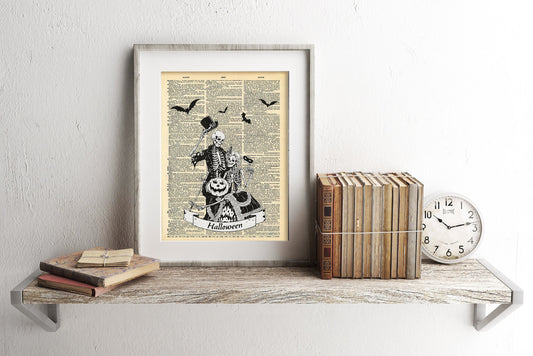 Halloween Skeleton Couple Bats Vintage Dictionary Art Print