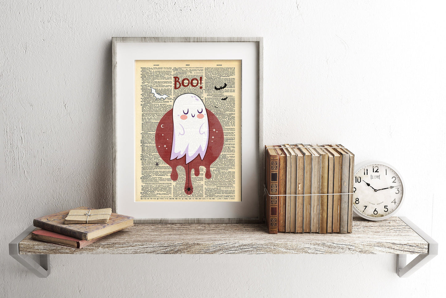 Halloween Ghost with Bats Boho Dictionary Art Print