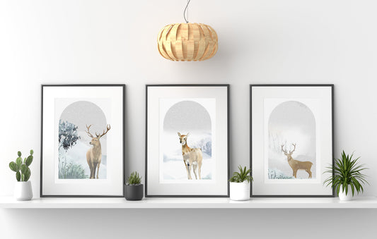 Deer Elk Winter Snow Wall Decor 3 Print Set