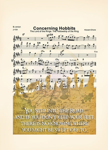 Lord of the Rings Map Silhouette Quote Sheet Music Art Print