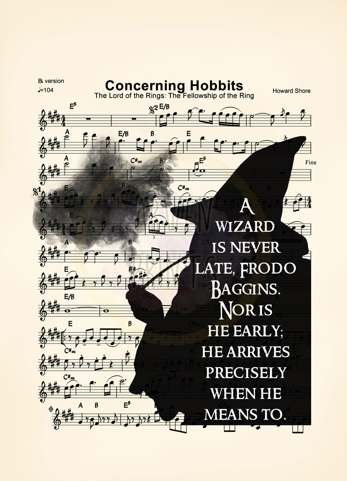 Lord of the Rings Gandalf Silhouette A Wizard is Never Late Sheet Music Art Print