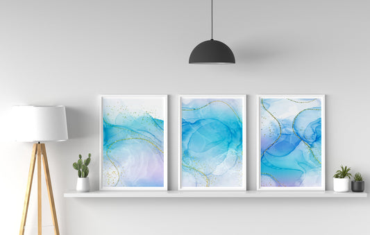 Set of Three Blue Marble Abstract Minimalism Art, Marble Alcohol Ink, Contemporary Art, Canvas Print Wall Art, Canvas